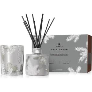 imageThymes Frasier Fir Statement Candle and Diffuser Gift Set  Holiday Home Decor  Notes of Siberian Fir Cedarwood and Sandalwood  Silver 4 fl oz Petite Diffuser  5 oz CandleGift Set