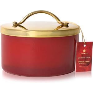 imageThymes Simmered Cider Harvest Red 4Wick Candle  Warm ampamp Spicy Scented Candle with Notes of Freshly Pressed Apple Clove ampamp Cardamom  Luxury Home Fragrance  Fall Decor  Red with Gold Lid 21 oz